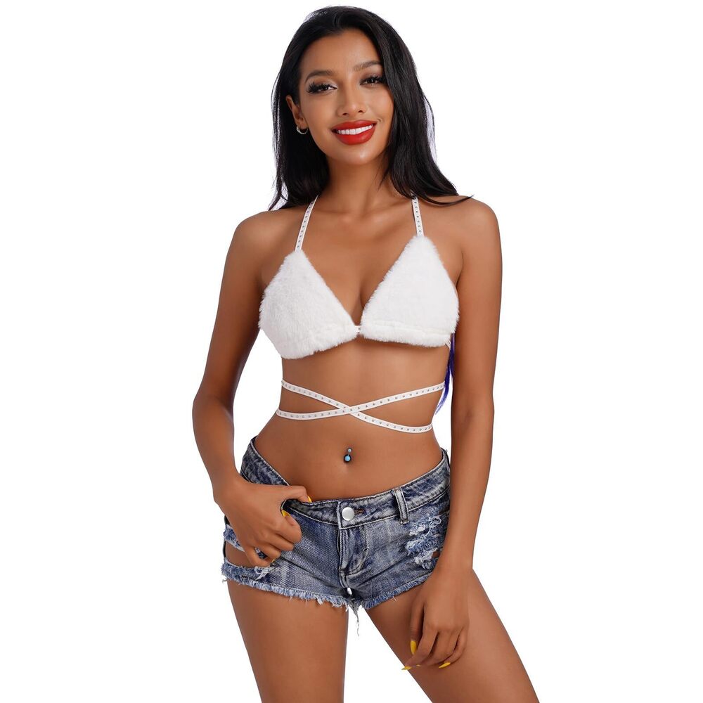5146 Rave Bra Top Fluffy Faux Fur Spaghetti Straps Halter Neck Triangle